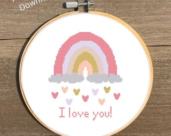 I Love You Rainbow Cross Stitch Chart, Cute Rainbow with Hearts Cross Stitch Pattern, "I Love You" Rainbow Wall Art, Baby Rainbow Valentine