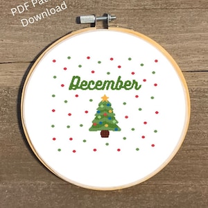 Kruissteekpatroon van december, kruissteekschema van december, kruissteek van de maanden van het jaar, kruissteekschema van Kerstmis, kerstboom