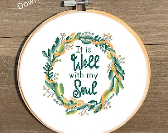 PDF DIGITAL DOWNLOAD "It is Well with My Soul" Cross Stitch Pattern Wreath Hymn Cross Stitch Chart Leaf Wreath It is Well Wall Art Wreath