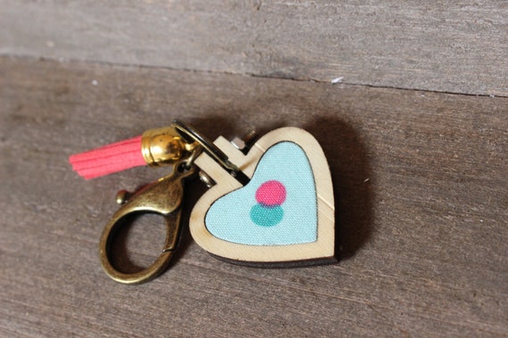 lewisandbucky Ready to Ship Polka Dot Wooden Heart Keychain with Clip and Tassel Keychain Mint Polka Dot Pink Tassel Fabric Clip Keychain