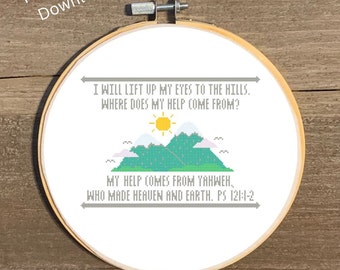 Psalm 121 Cross Stitch Pattern, Mountain Cross Stitch Chart, I life up my eyes to the hills Cross Stitch Pattern, Bible Verse Cross Stitch