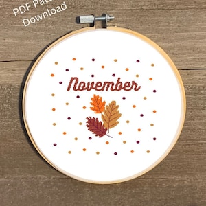 November Cross Stitch Pattern, November Cross Stitch Chart, Fall Leaves Cross Stitch, Fall Cross Stitch Pattern, Months Cross Stitch Art