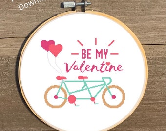 Be My Valentine Tandem Bike Cross Stitch Pattern, Valentine Bicycle Cross Stitch Chart, Valentine's Day Gift Cross Stitch, Cross Stitch Gift