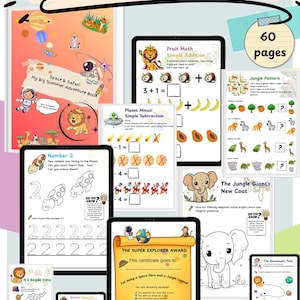Puede incluir: Libro de actividades educativas con temas espaciales y de la jungla. Incluye trazo de números, problemas de matemáticas, rompecabezas y laberintos. Incluye un certificado. Contiene 60 páginas.