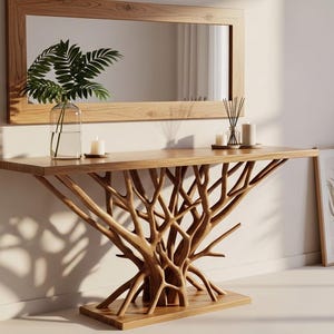 Mesa de console artesanal em madeira maciça com formato de galho de árvore, estilo rústico moderno, ideal para hall de entrada ou como mesa de sofá.