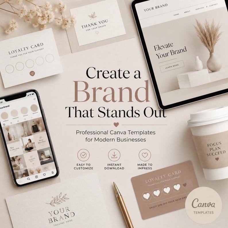 Puede incluir: Una colecci&oacute;n de materiales de marca que incluye un tel&eacute;fono inteligente con una cuadr&iacute;cula de redes sociales, una tableta con un sitio web, tarjetas de fidelidad, una nota de agradecimiento y un vaso de caf&eacute;. El texto dice Create a Brand That Stands Out.