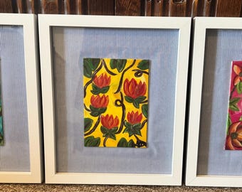 Original Floral Painting Flowers Framed Art Striped Mat Small Wall Decor by Matilde Duarte
