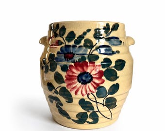 Floral Crock - Handled - Utensil Holder - Flower Pot