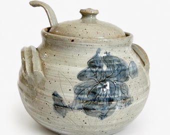 Unique Handcrafted Pottery Soup Tureen With Ladle - Gray Glaze Blue Flower