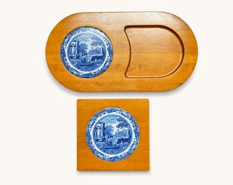 Spode Blau Italienischer Holz Rahmen Untersetzer und Käse & Cracker-Ovales Holztablett