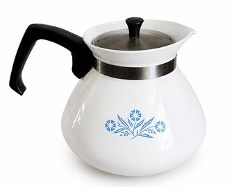 Corningware Vintage blauwe korenbloem waterkoker uit de jaren 60 met 6 kopjes