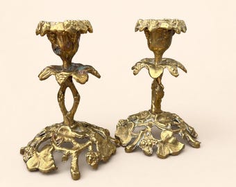 Flower Design Vintage Brass / Copper Candle Sticks Pair Ornate Unique
