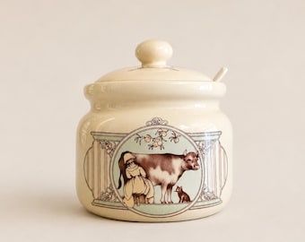 Vintage Enesco Farmhouse Cow Sugar Bowl with Lid & Spoon Slot | Arlene and Tim Fabrizio 1988 Ceramic Country Kitchen Jar