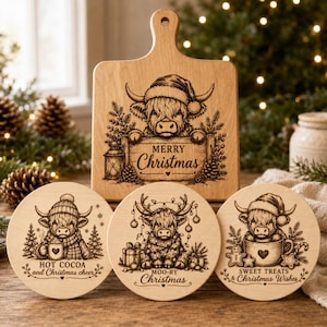 May include: A light-colored wooden serving board with a laser-engraved Highland cow wearing a Santa hat and the text Merry Christmas, accompanied by three round wooden coasters featuring engraved Highland cows with holiday themes and text.