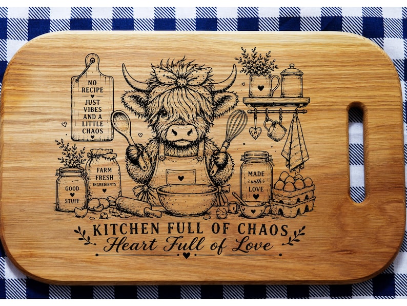 May include: Wooden cutting board with a whimsical kitchen-themed design. Features a Highland cow illustration with cooking utensils and text that reads "Kitchen Full of Chaos, Heart Full of Love". Includes a handle for easy use.