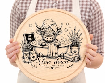 Highland Cow Spa SVG Bundle  Self Care Laser Engraving File  Funny Bathroom Cow PNG  Round Tray & Cutting Board Design