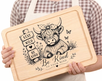 Highland Cow Be Kind SVG Bundle  Inspirational Cow Laser Engraving File  Farmhouse PNG  Round Tray & Cutting Board Design