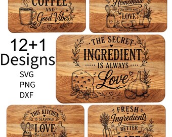 12 Cutting Board SVG Bundle  Kitchen Quotes SVG Laser Engraving Designs for Wood Boards  Farmhouse Kitchen Decor