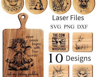 Farm Animal Coaster SVG, Highland Cow Chickens Laser File, Rustic Design (Digital Download)
