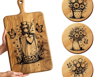 4 Floral Jar Laser Engraving Files | Cutting Board, Coaster SVG Bundle (Digital Download)