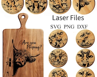 Funny Cow SVG Bundle  Highland Cow Laser Engraving Files  Farm Humor Coaster Designs  Cutting Board