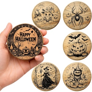 May include: Six circular wooden coasters featuring laser-engraved Halloween designs. One shows a cat in a witch hat, another a spider on a web, a pumpkin, a witch, a cat with pumpkins, and one with the text Happy Halloween and a graveyard.