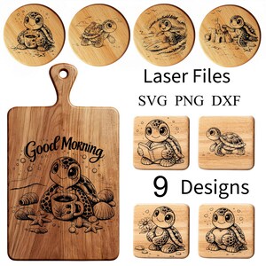 Puede incluir: Tabla de cortar y posavasos de madera con diseños de tortugas grabados con láser. La tabla de cortar dice "Good Morning" y presenta una tortuga con una taza de café. Archivos láser disponibles.