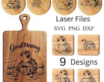 Cute Turtle SVG Bundle  9 Laser Engraving Designs  Coaster & Cutting Board Files  Animal SVG   Laser Cut Files | Wood Engraving Art