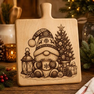 Pode incluir: Uma tábua de corte de madeira clara com cabo, apresentando uma gravação a laser de um gnomo com um gorro estampado, segurando uma caneca, sentado ao lado de uma árvore de Natal decorada, uma lanterna e caixas de presente embrulhadas.