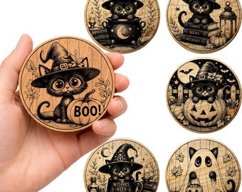 Halloween Cat Coaster SVG Bundle  Cute Spooky Cat Laser Engraving Files  Witch Cat Coasters PNG
