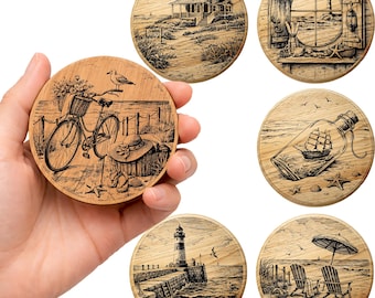Coastal Engraving Coaster SVG Bundle  Beach Scene Laser Cut Files  Lighthouse Ocean Art  Nautical Wood Burn Designs  CNC Glowforge Files