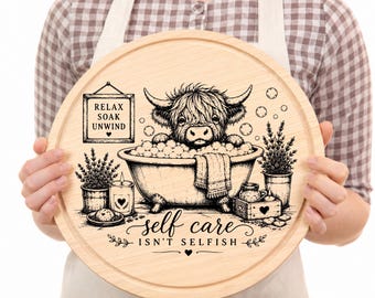 Relaxing Cow SVG  Round Wood Tray Engraving Design  Rustic Bathroom Decor Cutting Board Wood Coasters