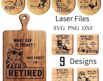 Funny Cat Retired Coaster SVG Bundle  9 Laser Engraving Designs  Retirement Gift SVG  Cat Lover Funny Quote  Wood & Slate Files