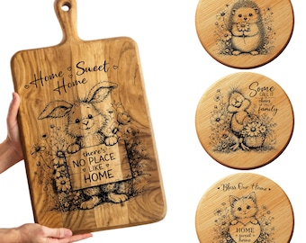 Home Quotes Animal SVG Bundle  Laser Engraving Files for Cutting Boards & Coasters  Bunny Hedgehog Cat Bird Designs PNG DXF