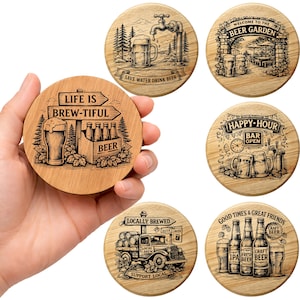 May include: A collection of six round wooden coasters with engraved beer-themed designs. The coasters feature various illustrations, including beer mugs, bottles, and text such as "Life is Brew-tiful" and "Happy Hour." The coasters are made of light-colored wood.