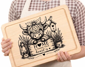 Highland Cow Home SVG Bundle  Farmhouse Laser Engraving File Rustic PNG| Round Tray & Cutting Board Design