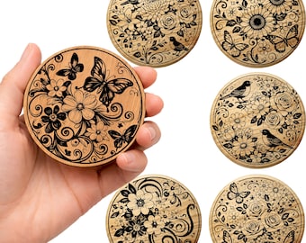 Floral Coaster SVG Bundle  Laser Engraving Files  Butterfly Bird Coasters  Round Wood Engraving Designs