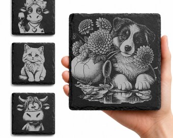 Funny Animal Slate Coaster Engraving PNG Files, Dog Cat Cow Laser Art (Digital Download)