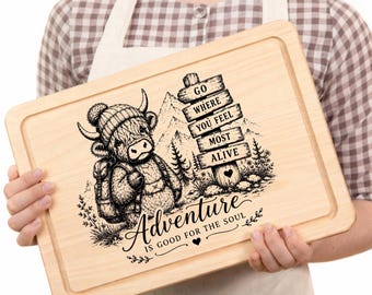 Highland Cow Adventure SVG Bundle  Camping Mountain Laser Engraving File  Round Tray Design PNG Rustic Farmhouse Decor