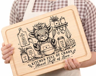 Highland Cow Kitchen SVG  Funny Farmhouse Cutting Board Design  Laser Engraving File PNG DXF  Rustic Kitchen Decor Quote