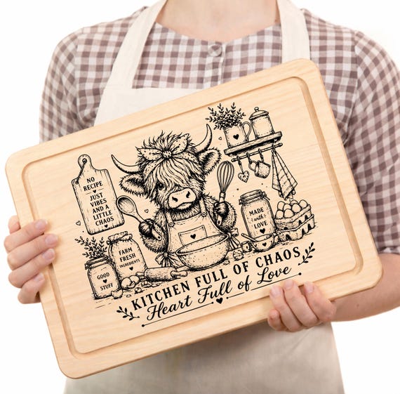 Highland Cow Kitchen SVG  Funny Farmhouse Cutting Board Design  Laser Engraving File PNG DXF  Rustic Kitchen Decor Quote