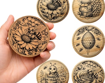 Bee Coaster SVG Bundle  Honey Bee Laser Cut Files  Floral Bee Engraving Design  Wood Coaster  Beehive Honey Jar Art