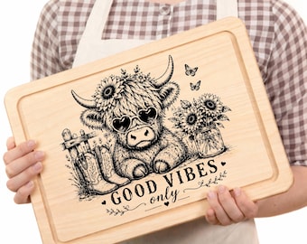 Highland Cow Good Vibes SVG Bundle  Sunflower Cow Laser Engraving File  Farmhouse PNG Round Tray & Cutting Board Design
