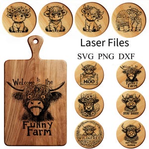 Paquete de 10 archivos SVG de vacas de las Tierras Altas para posavasos divertidos grabados con láser en Glowforge