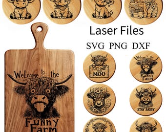 10 Highland Cow SVG Bundle Funny Farm  Laser Engraving Coasters Glowforge Files