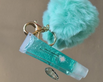 Faux Fur Pom Pom Lip Oil Keychain – Fluffy Bag Charm Accessory Aloe