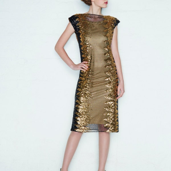 Black and Gold Flame Evening Dress, Formal Evening Wear, Couture Evening Wear, New Years Eve Sequin Dress