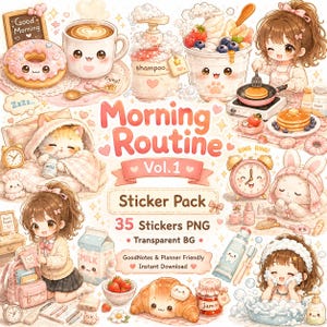 May include: A digital sticker pack with a "Morning Routine" theme. The image features various illustrations of breakfast items, a cat, an alarm clock, and a girl. The text includes "35 Stickers PNG", "Transparent BG", and "Instant Download".