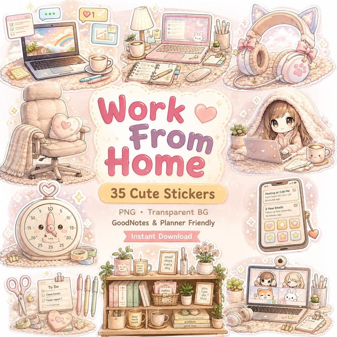 Work From Home Stickers PNG • Goodnotes Digital Planner Stickers • Cozy ...