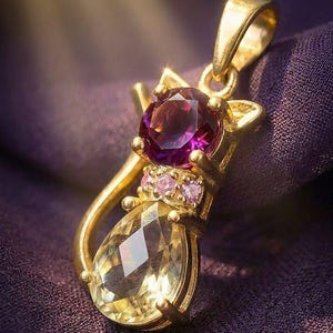 Puede incluir: Colgante de gato dorado con un gran cuerpo de piedra preciosa amarilla facetada y una cabeza redonda de piedra preciosa púrpura. Pequeñas piedras preciosas rosas acentúan el collar. El colgante está sobre un fondo de tela púrpura.